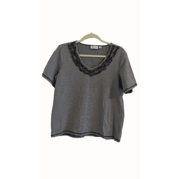d&co Womens Top Black & White Stripe Ruffle Size L - Picture 1 of 7